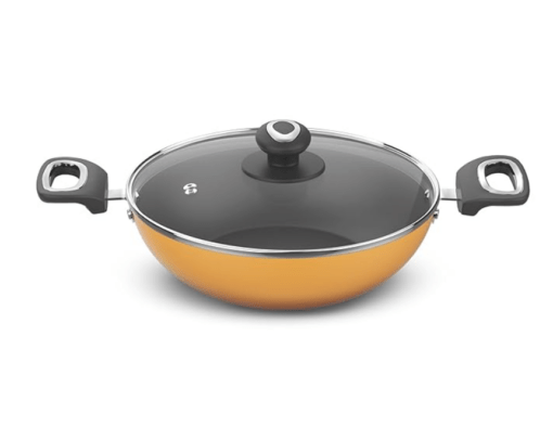 ‎Preethi Dura Collection Non Stick Kadai, 26 cm, with Glass Lid, Gas & Induction Compatible, 5 Star Non Stick Effect, Turmeric Yellow